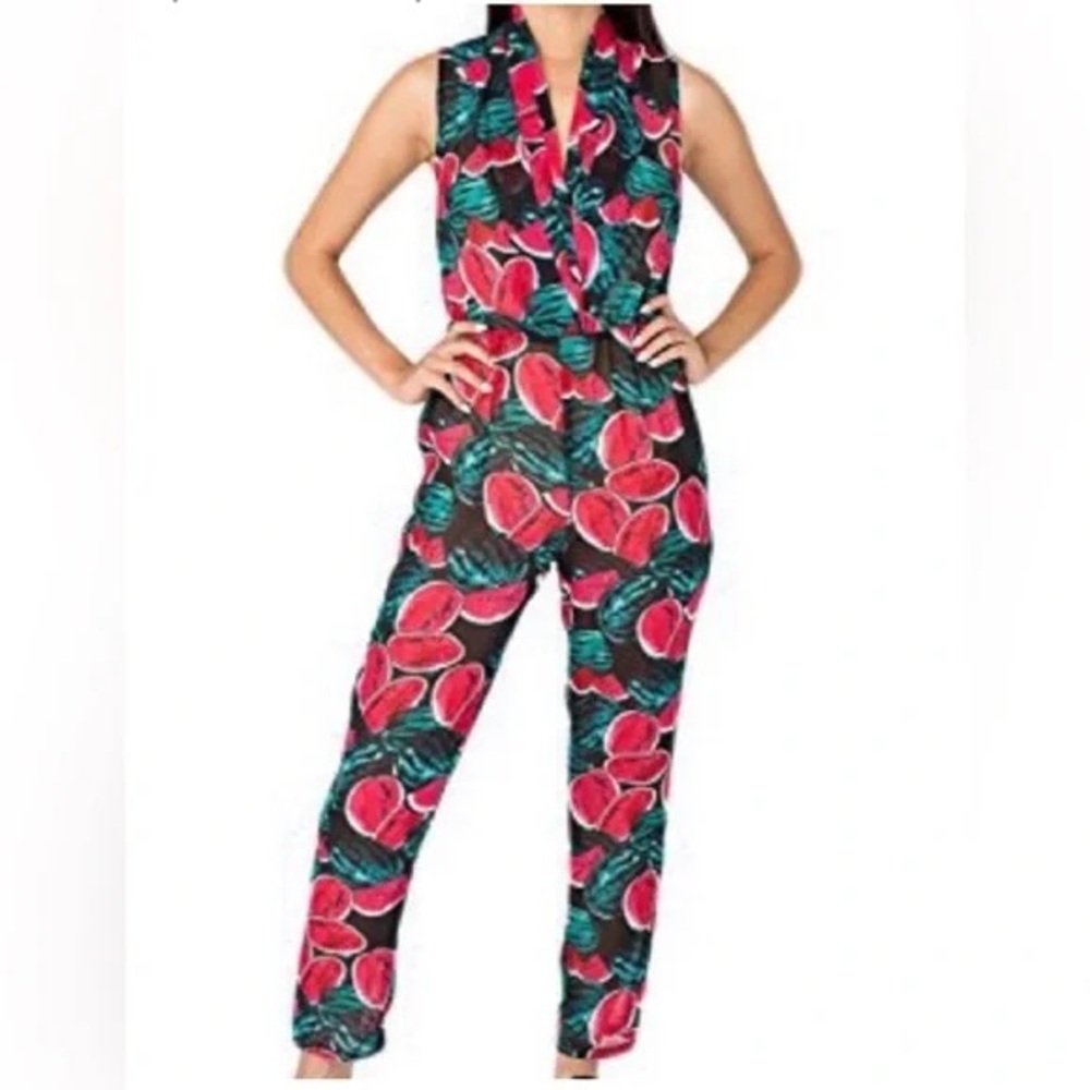COPY - AMERICAN APPAREL BEACH COVER UP SHEER CHIFFON WATERMELON PRINT JUMPSUIT